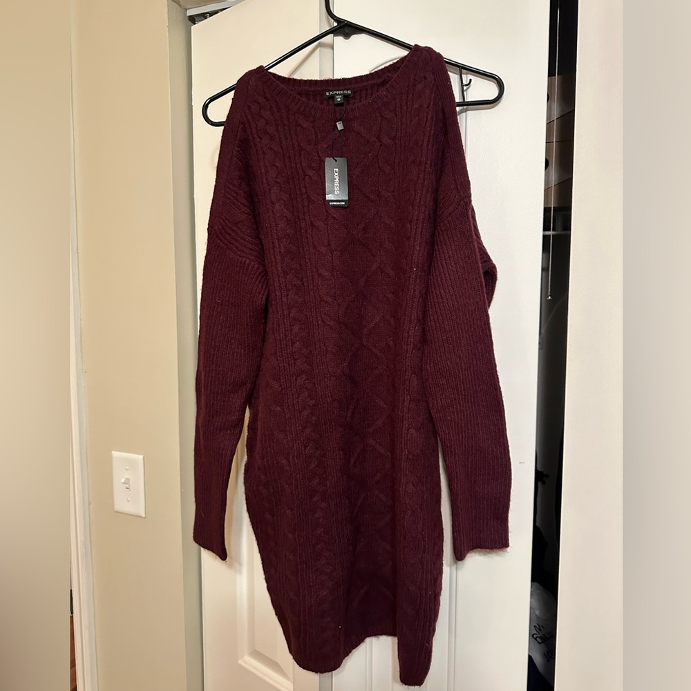 Express burgundy sweater dress. Shoulder cut out. NWT.